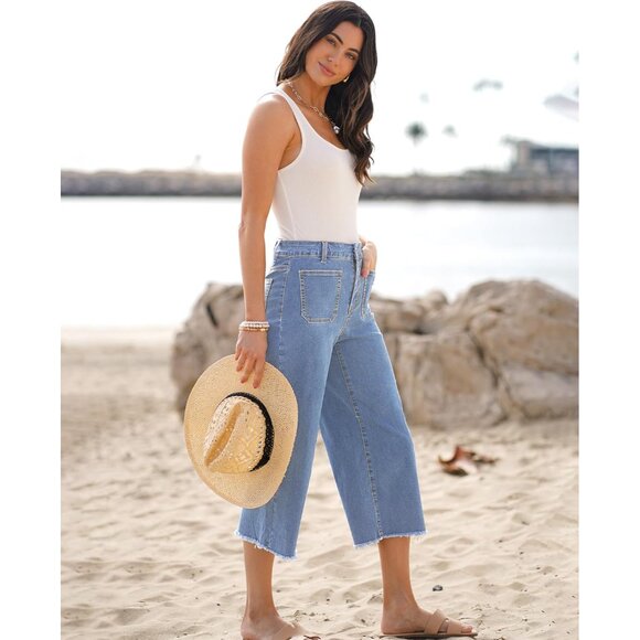 Women's Wide Leg Crop Jeans Cotton Spandex Stretchy High Waisted Casual - Picture 6 of 8